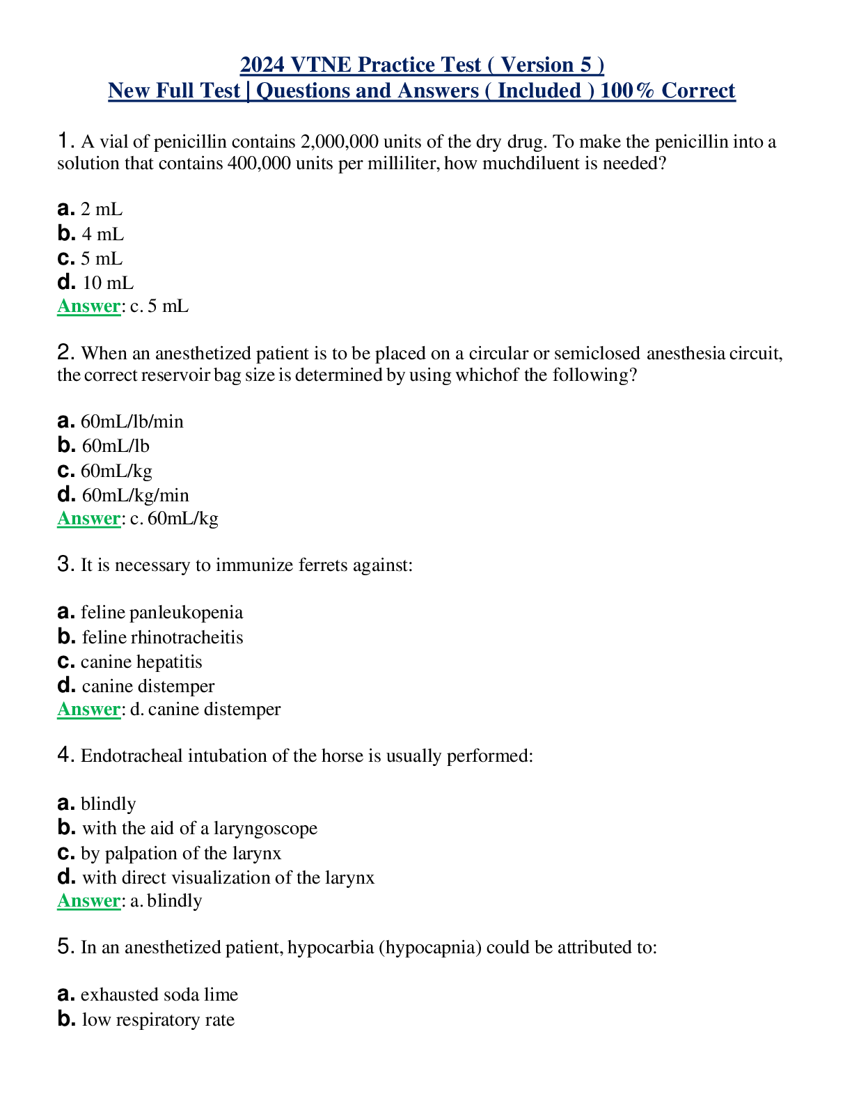 2024 VTNE Practice Test ( Version 5 ) New Full Test | Questions and Answers ( Included ) 100% Correct