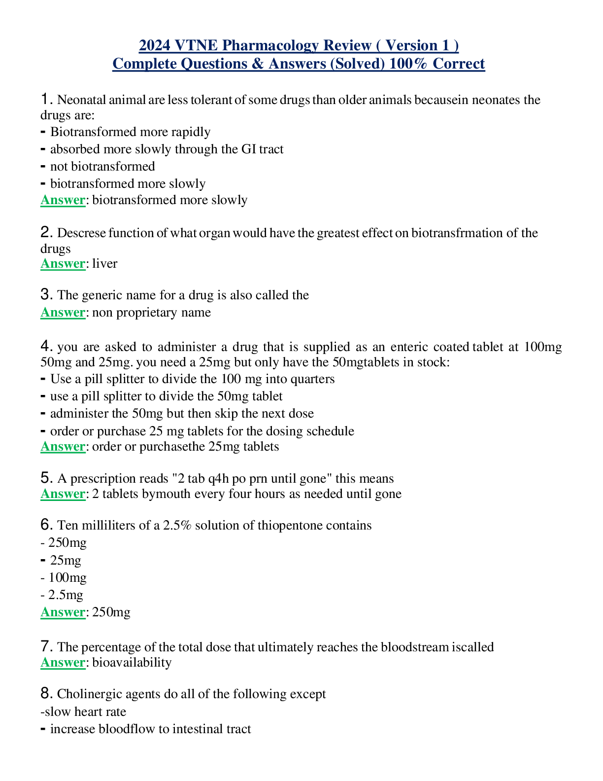 2024 VTNE Pharmacology Review ( Version 1 ) Complete Questions & Answers (Solved) 100% Correct