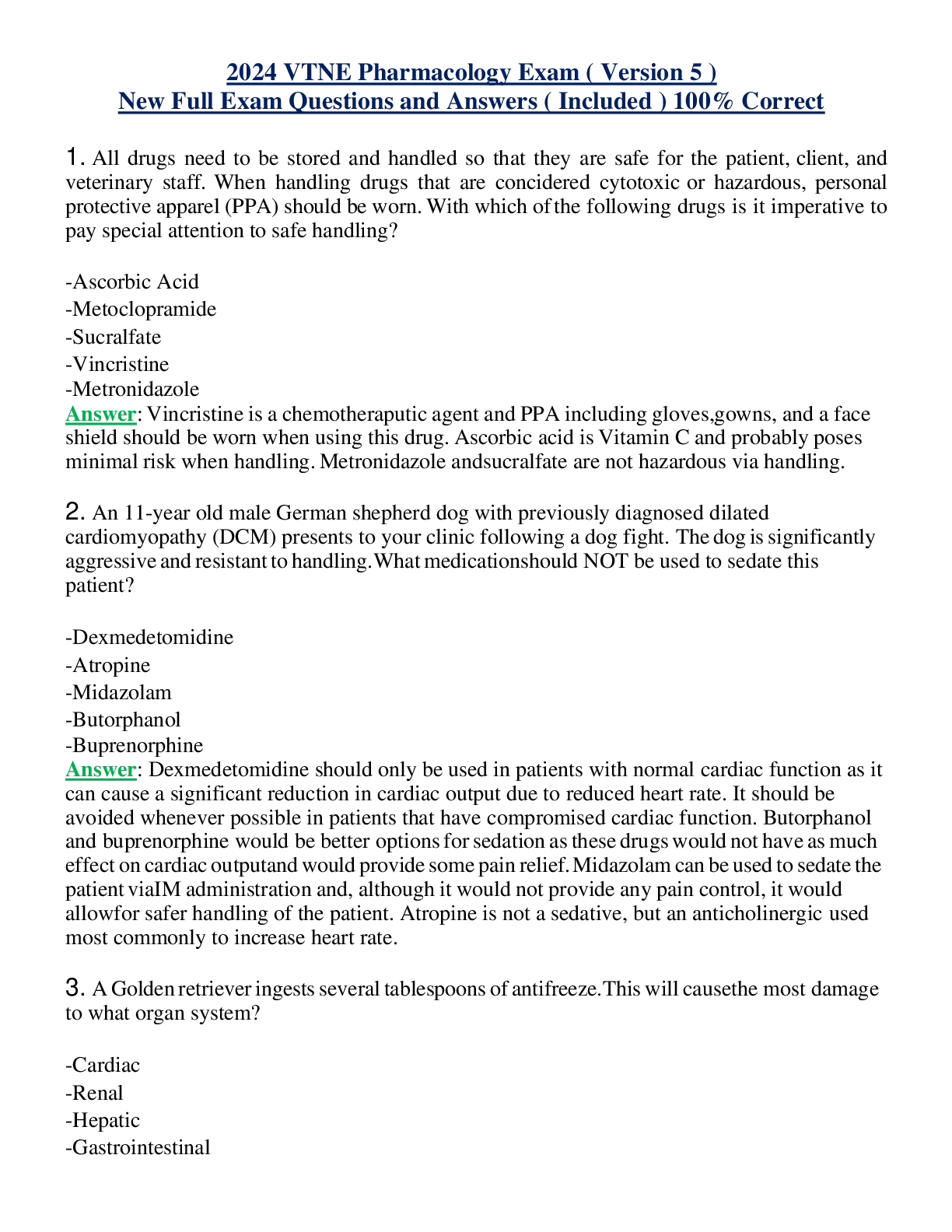 2024 VTNE Pharmacology Exam ( Version 5 ) New Full Exam Questions and Answers ( Included ) 100% Correct