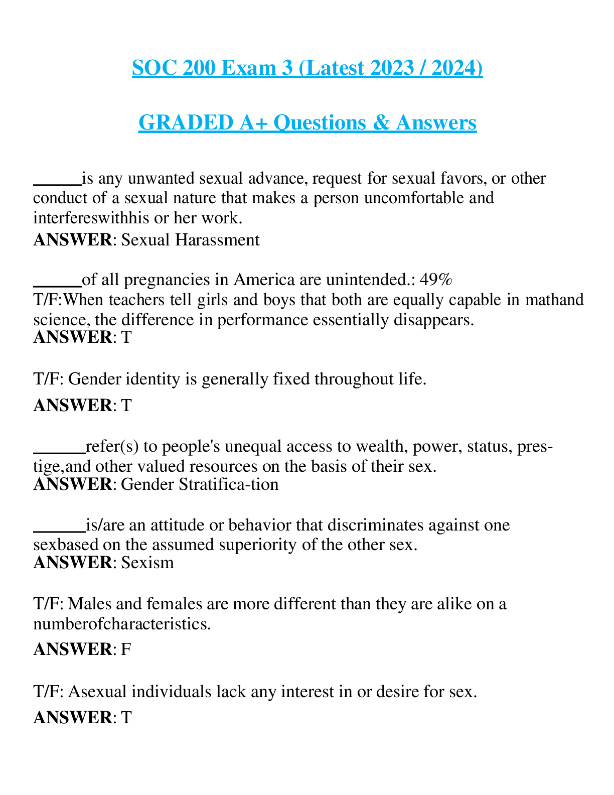SOC 200 Exam 3 (Latest 2023 / 2024) GRADED A+ Questions & Answers
