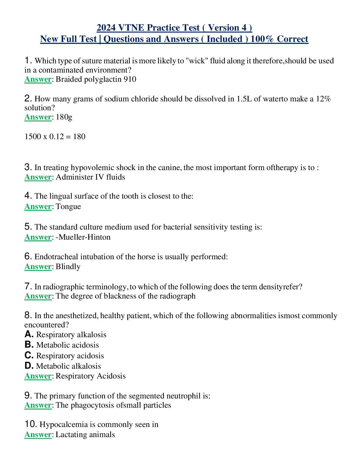 2024 VTNE Practice Test ( Version 4 ) New Full Test | Questions and Answers ( Included ) 100% Correct