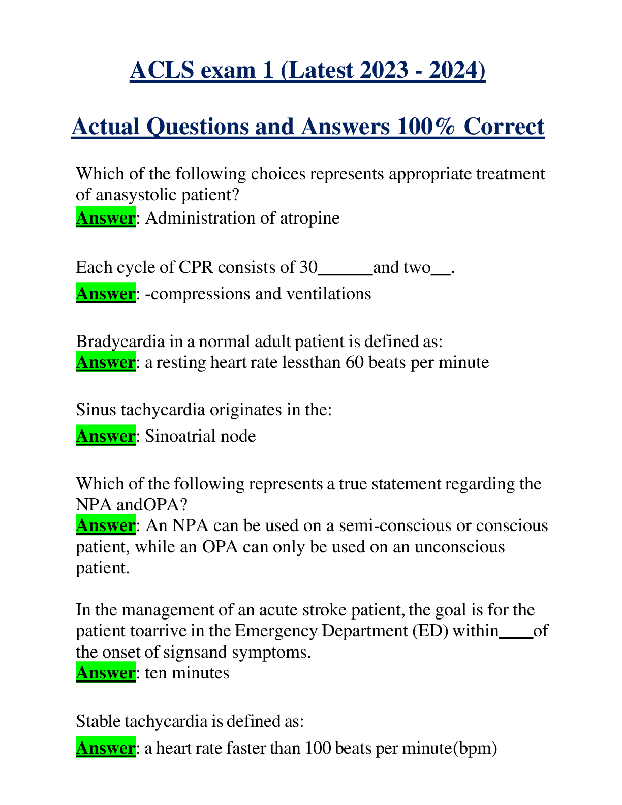 ACLS exam 1 (Latest 2023 - 2024) Actual Questions and Answers 100% Correct