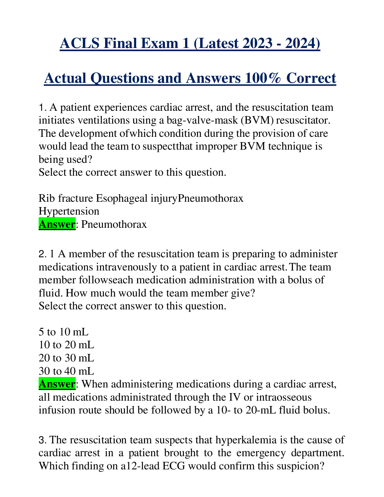 ACLS Final Exam 1 (Latest 2023 - 2024) Actual Questions and Answers 100% Correct