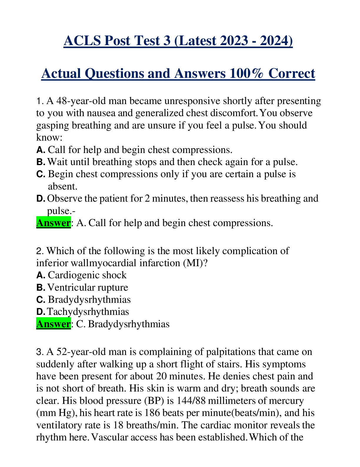 ACLS Post Test 3 (Latest 2023 - 2024) Actual Questions and Answers 100% Correct
