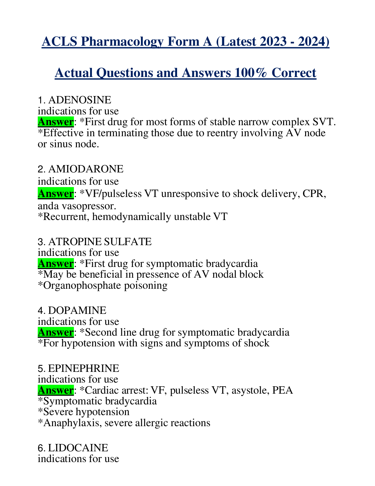 ACLS Pharmacology Form A (Latest 2023 - 2024) Actual Questions and Answers 100% Correct
