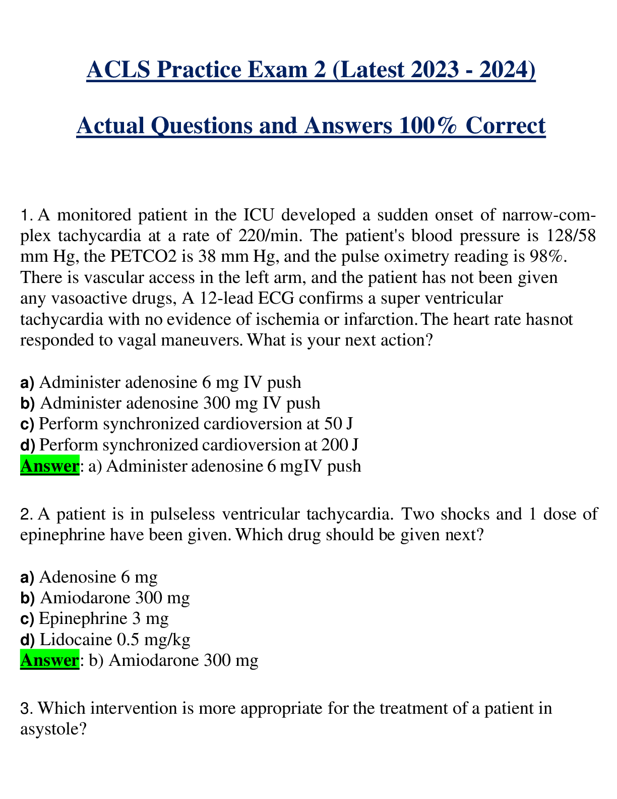 ACLS Practice Exam 2 (Latest 2023 - 2024) Actual Questions and Answers 100% Correct