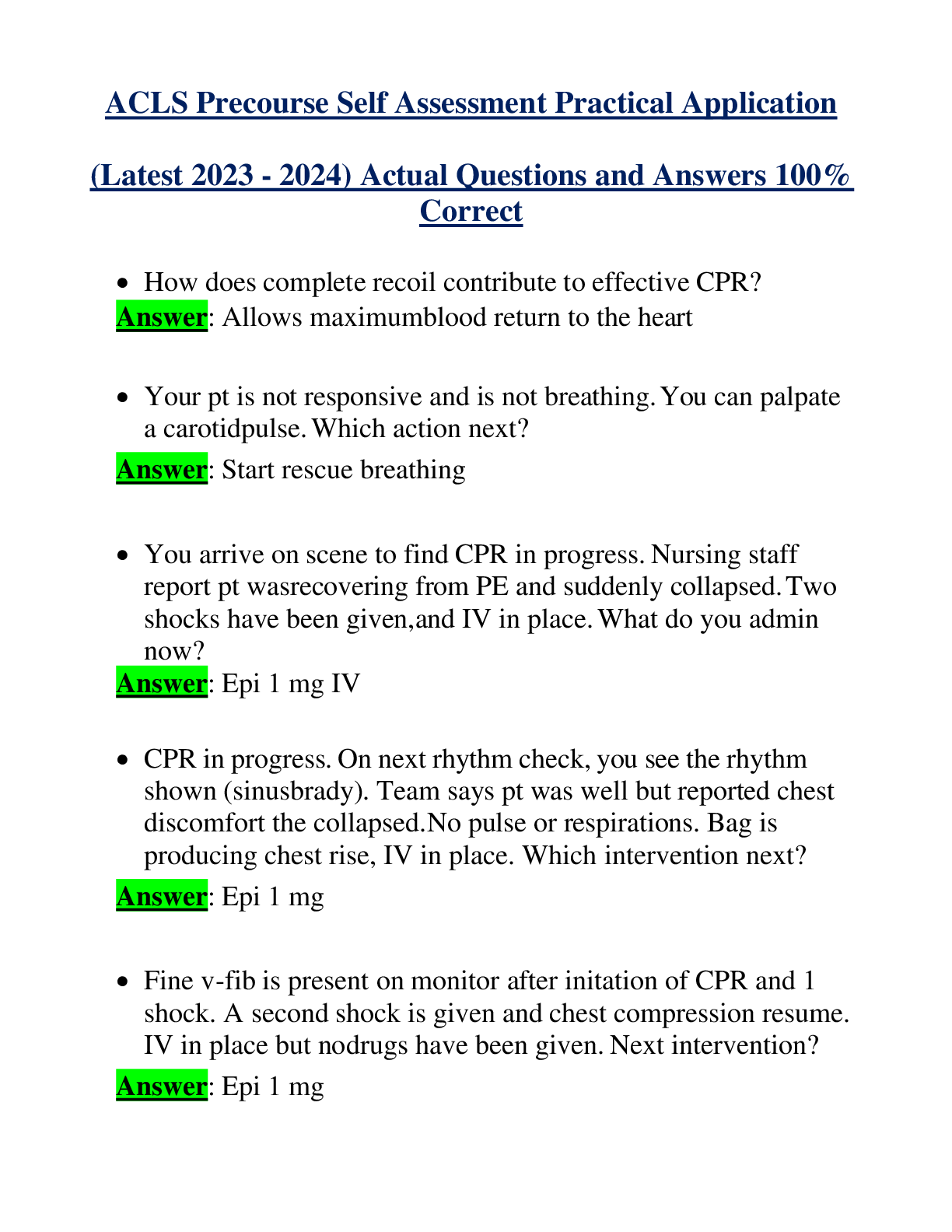 ACLS Precourse Self Assessment Practical Application (Latest 2023