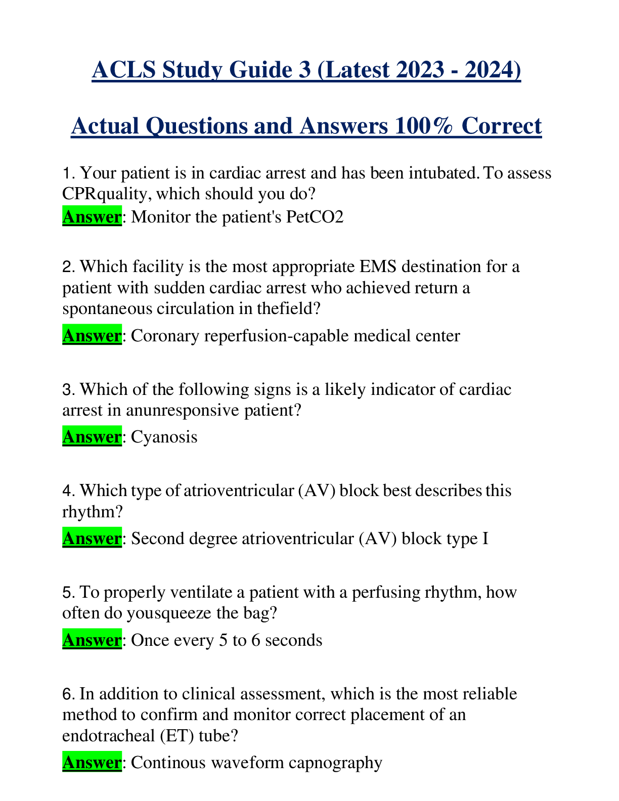 ACLS Study Guide 3 (Latest 2023 - 2024) Actual Questions and Answers 100% Correct