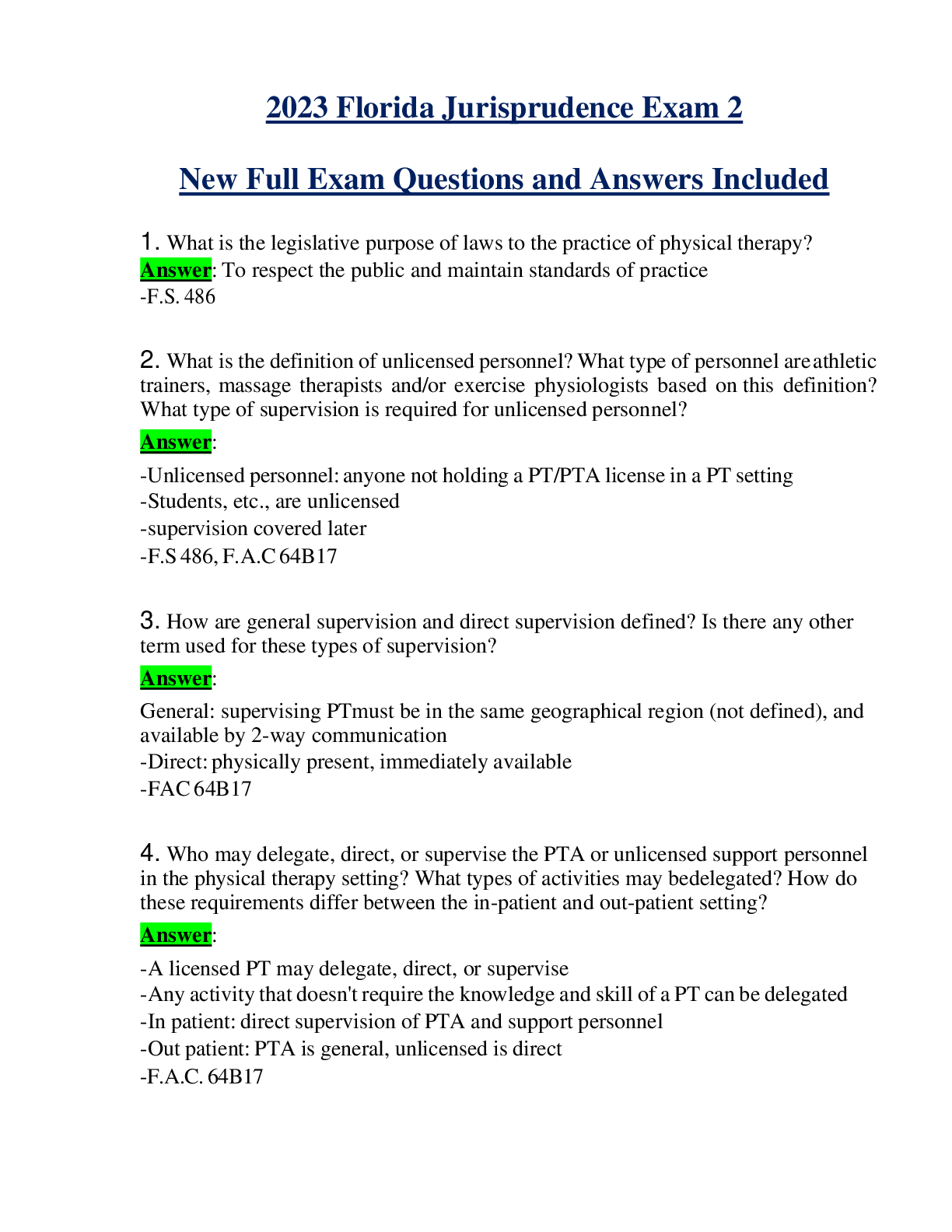 2023 Florida Jurisprudence Exam 2 New Full Exam Questions and Answers Included