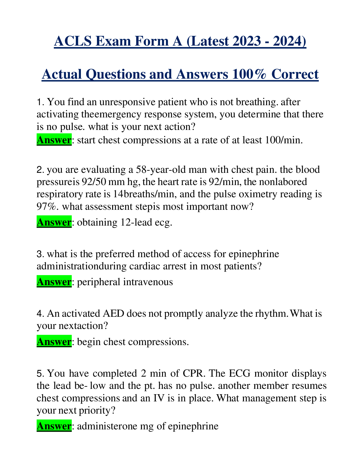 Preview of ACLS Exam Form A (Latest 2023 - 2024) Actual Questions and Answers 100% Correct