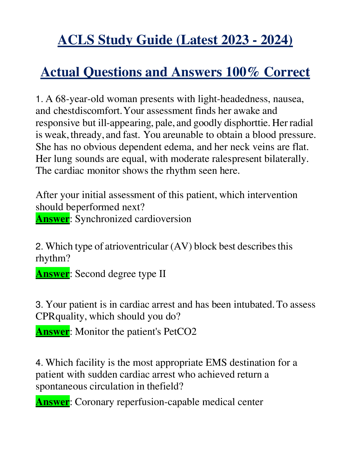 ACLS Study Guide (Latest 2023 - 2024) Actual Questions and Answers 100% Correct