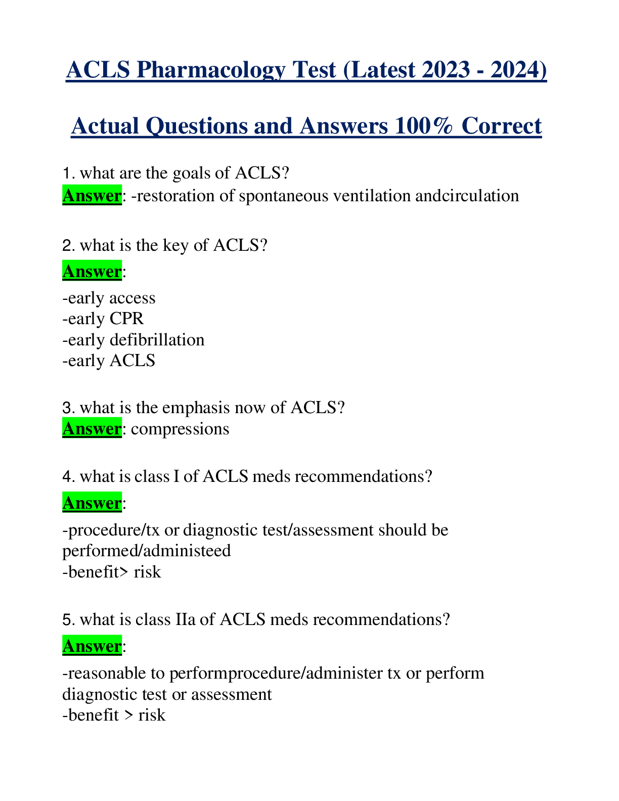 ACLS Pharmacology Test (Latest 2023 - 2024) Actual Questions and Answers 100% Correct