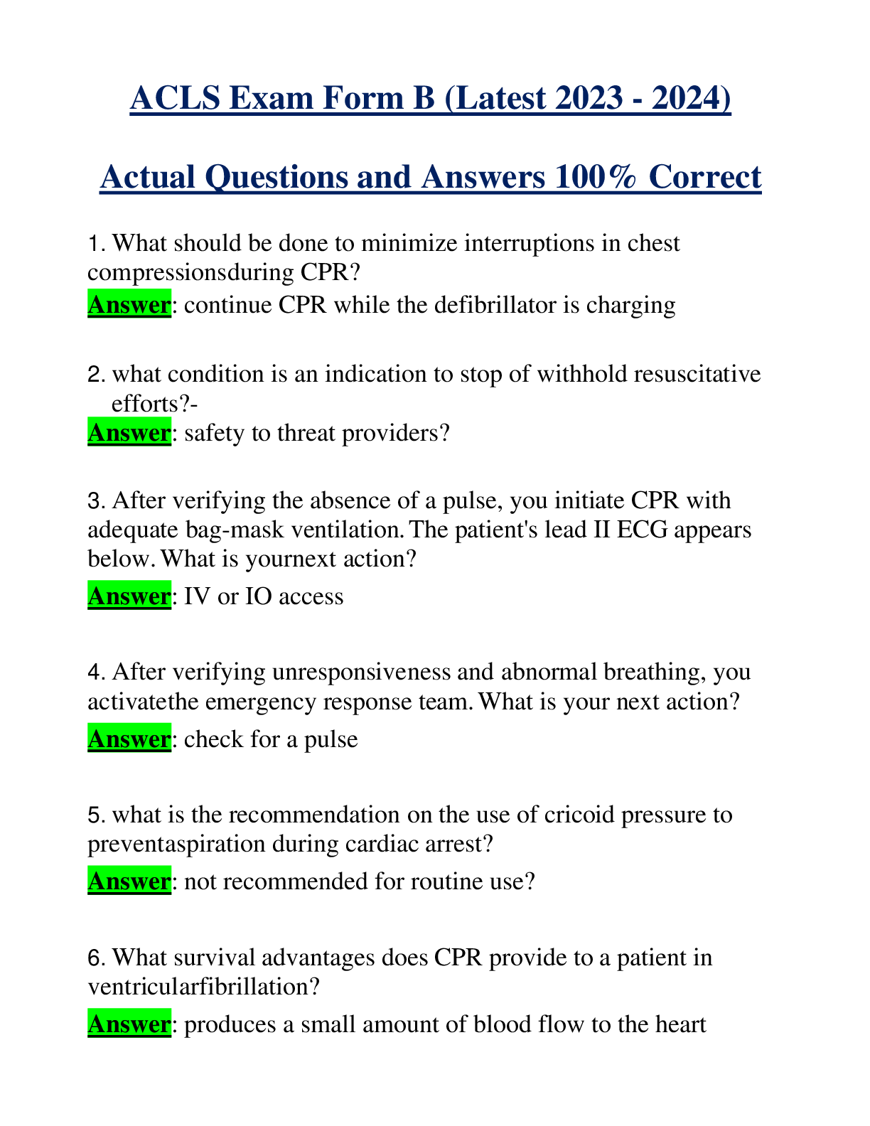 Preview of ACLS Exam Form B (Latest 2023 - 2024) Actual Questions and Answers 100% Correct
