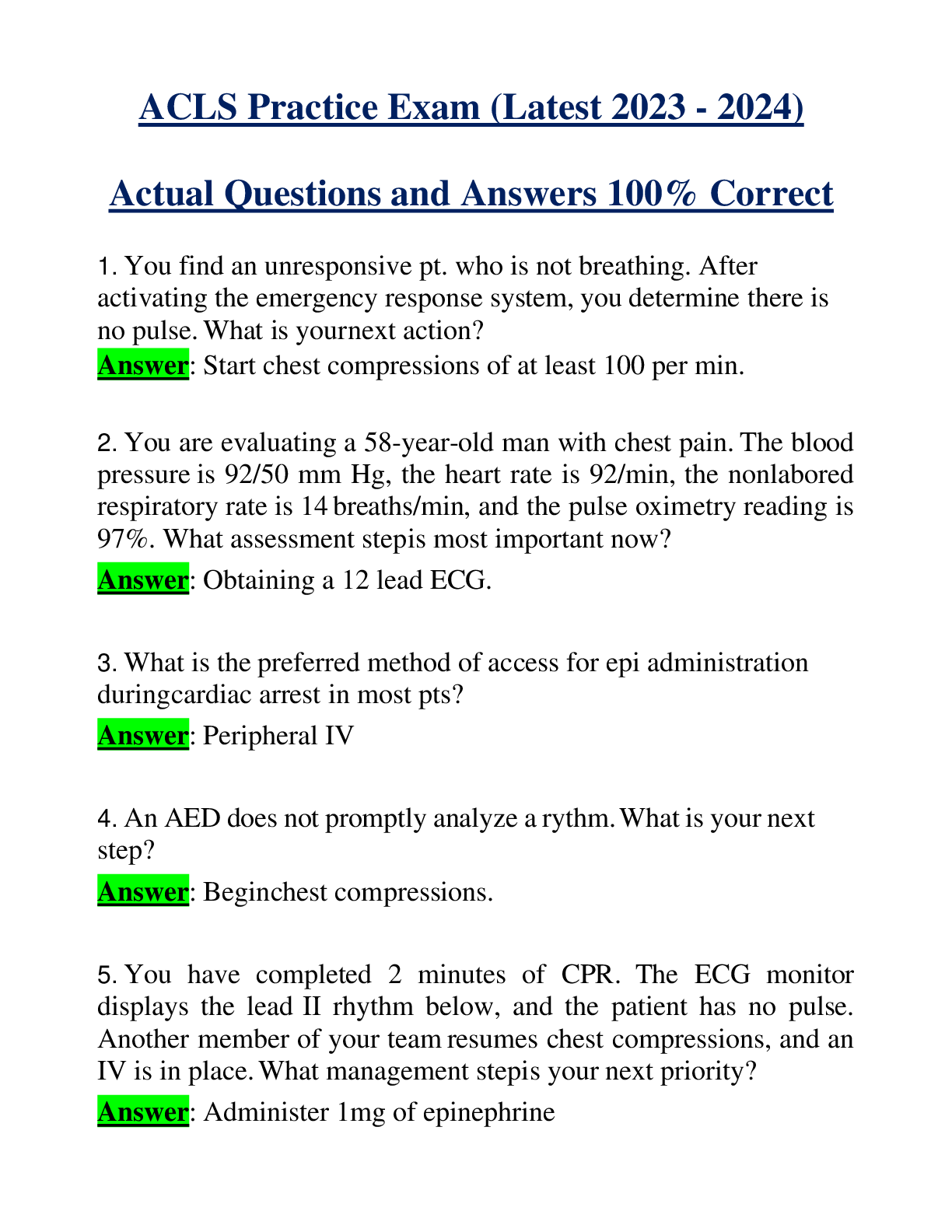 ACLS Practice Exam (Latest 2023 - 2024) Actual Questions and Answers 100% Correct
