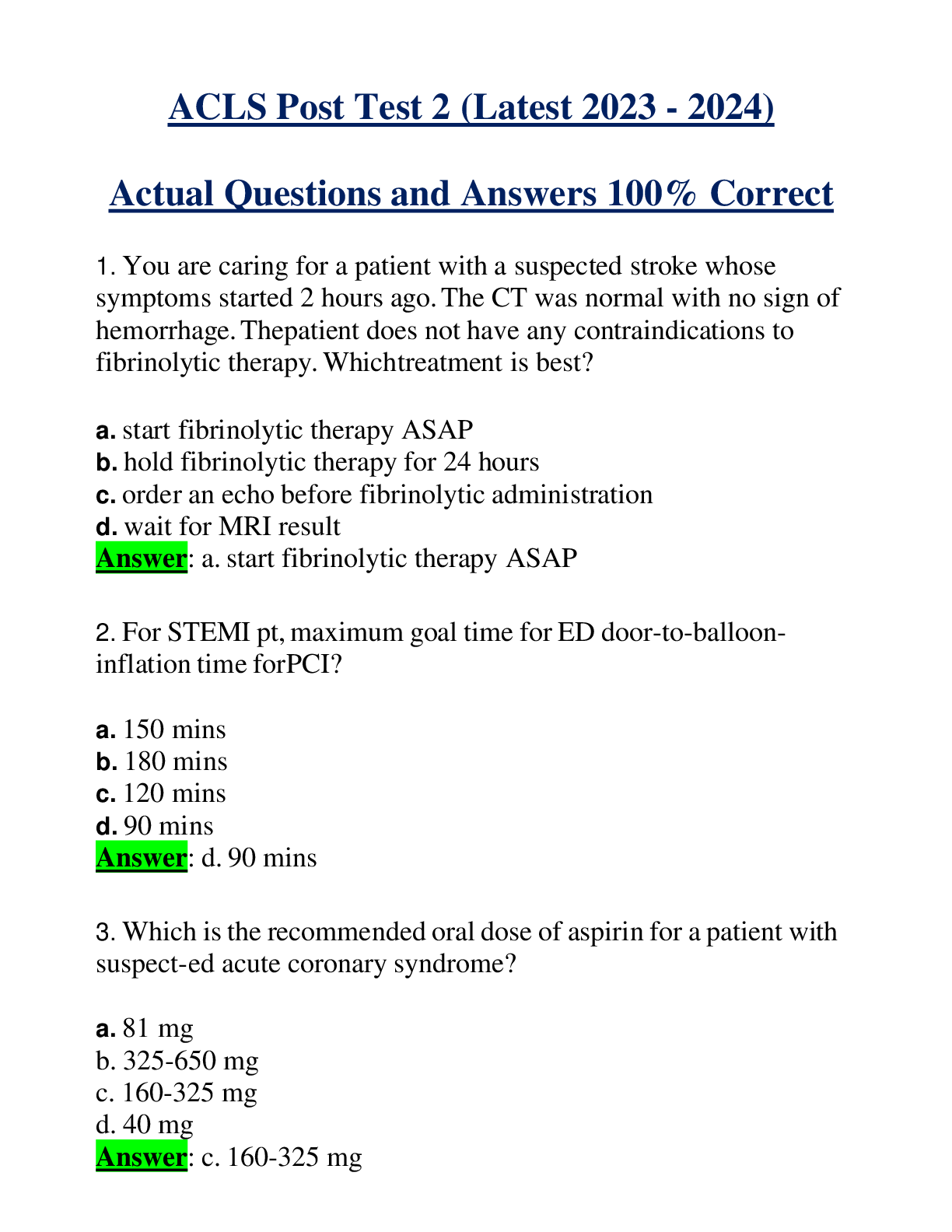 ACLS Post Test 2 (Latest 2023 - 2024) Actual Questions and Answers 100% Correct