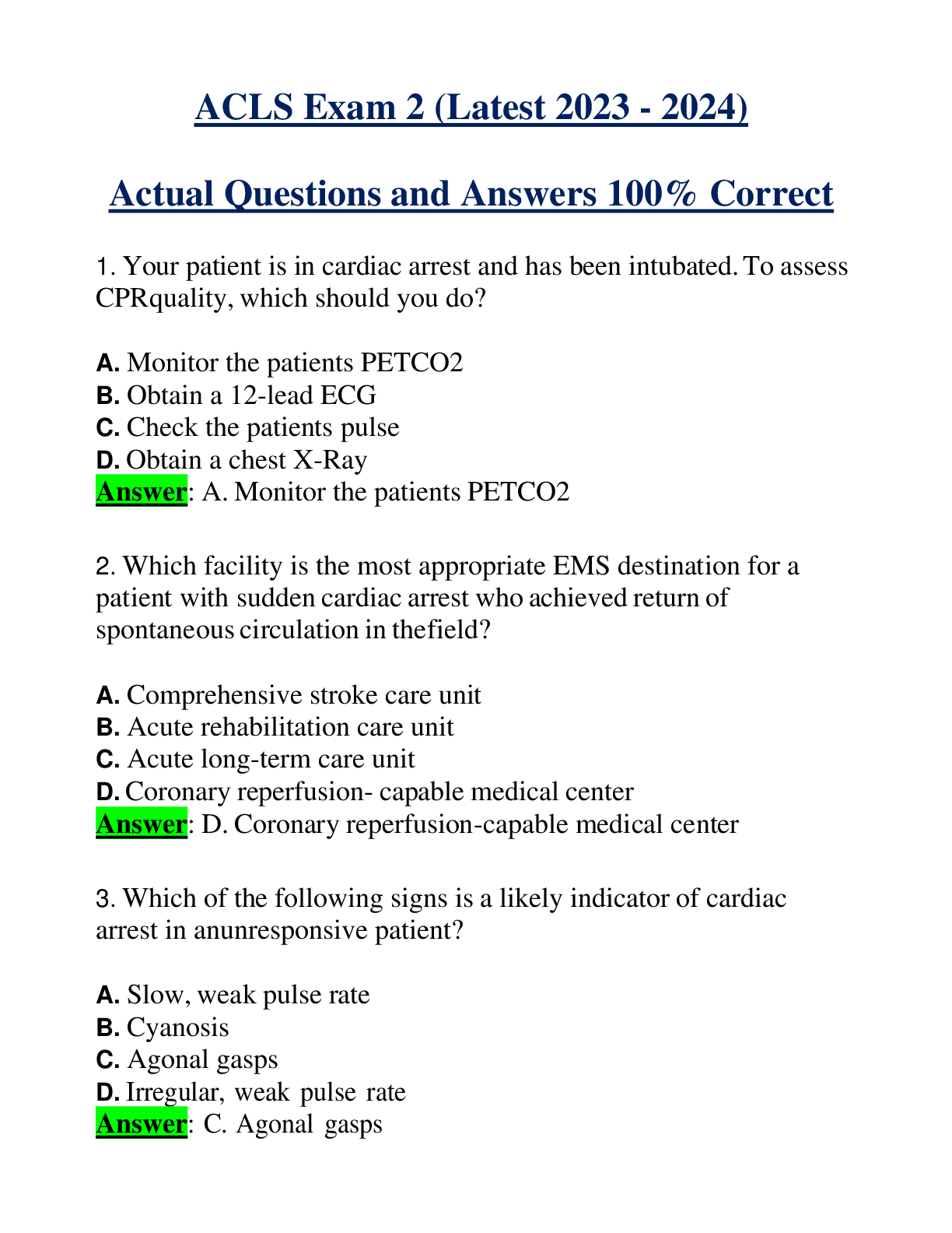 ACLS Exam 2 (Latest 2023 - 2024) Actual Questions and Answers 100% Correct