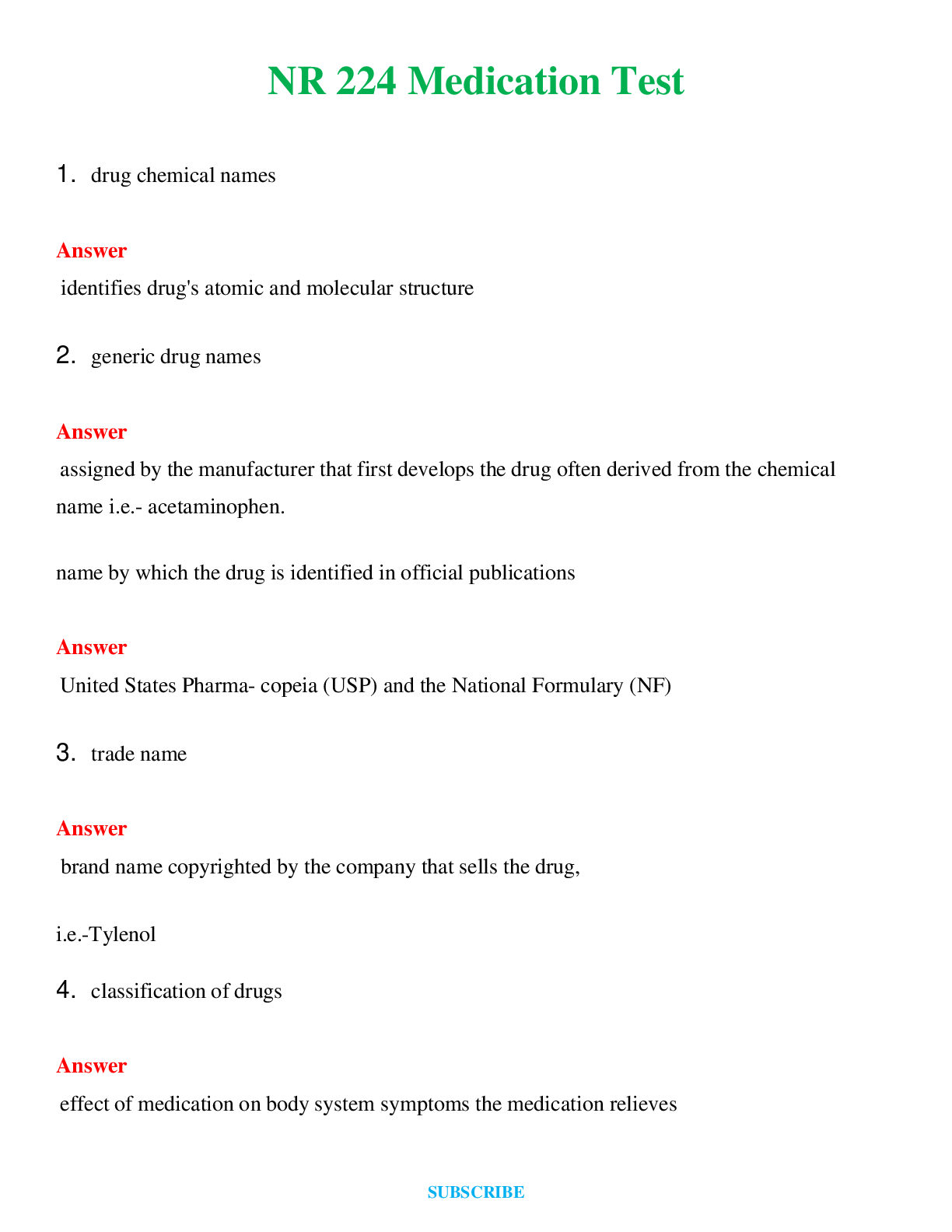 Preview of NR 224 Medication Test   Questions and Answers (Verified Answers)