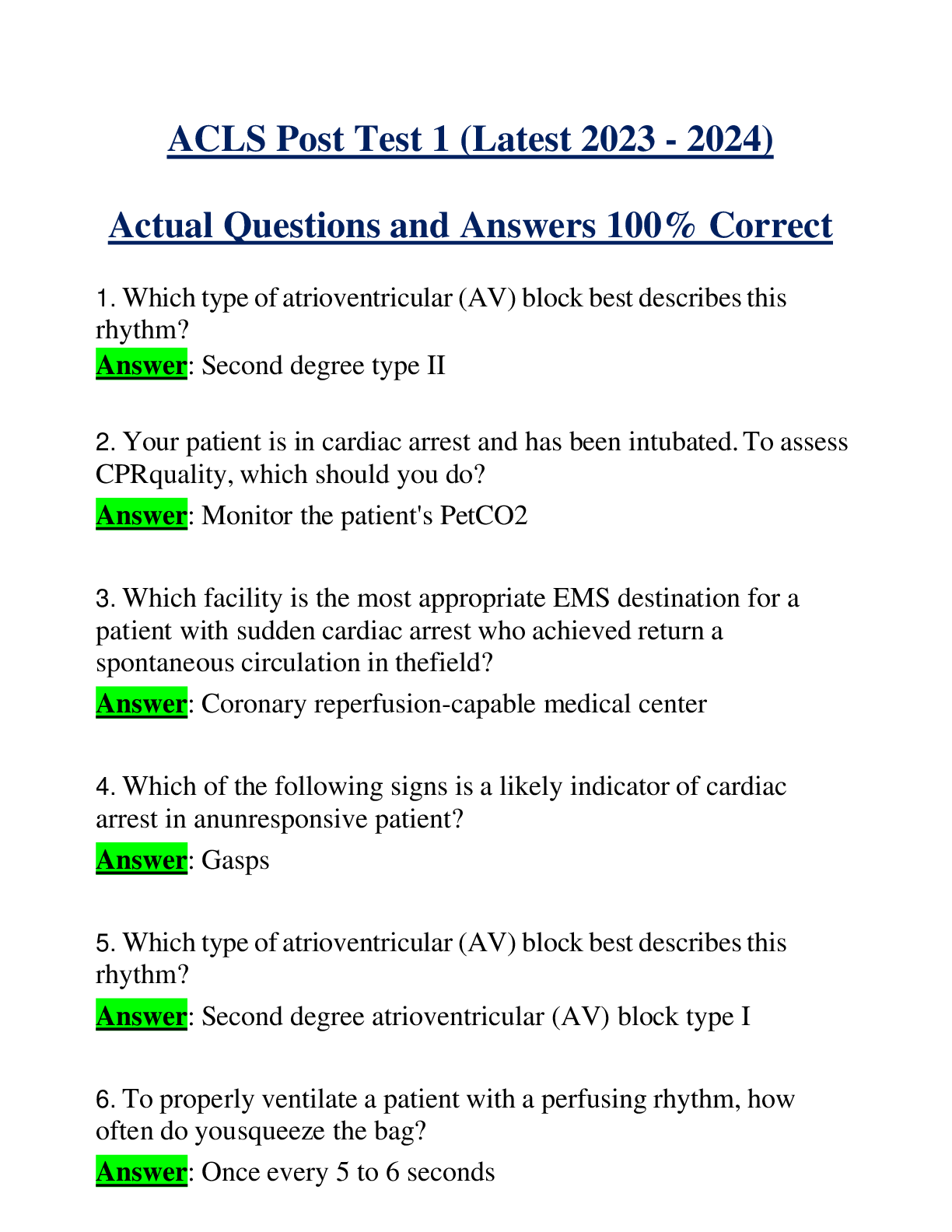 ACLS Post Test 1 (Latest 2023 - 2024) Actual Questions and Answers 100% Correct