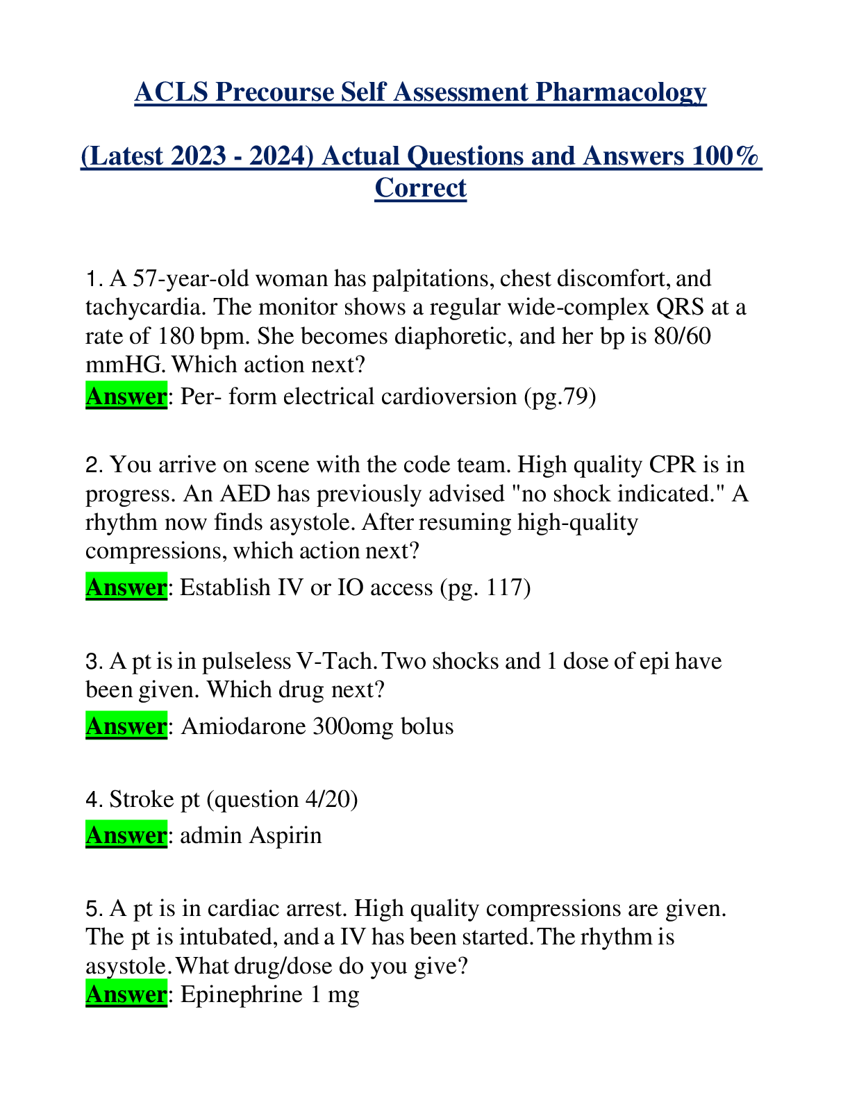 ACLS Precourse Self Assessment Pharmacology (Latest 2023 - 2024) Actual Questions and Answers 100%  Correct