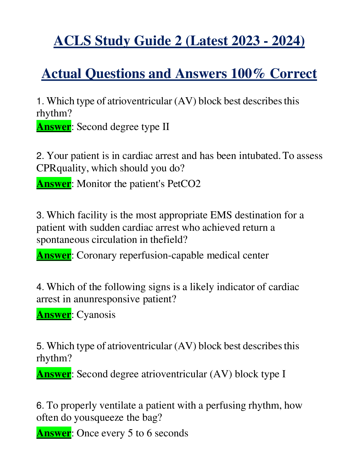 ACLS Study Guide 2 (Latest 2023 - 2024) Actual Questions and Answers 100% Correct