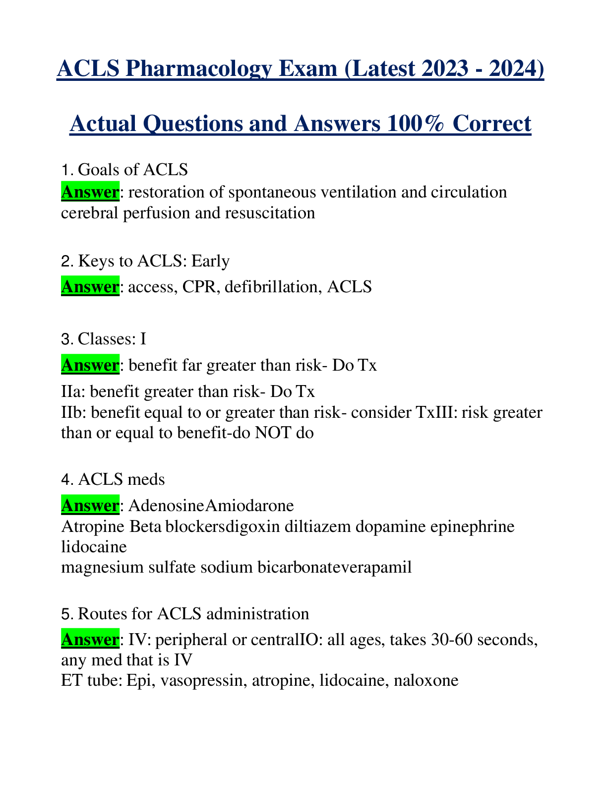 ACLS Pharmacology Exam (Latest 2023 - 2024) Actual Questions and Answers 100% Correct