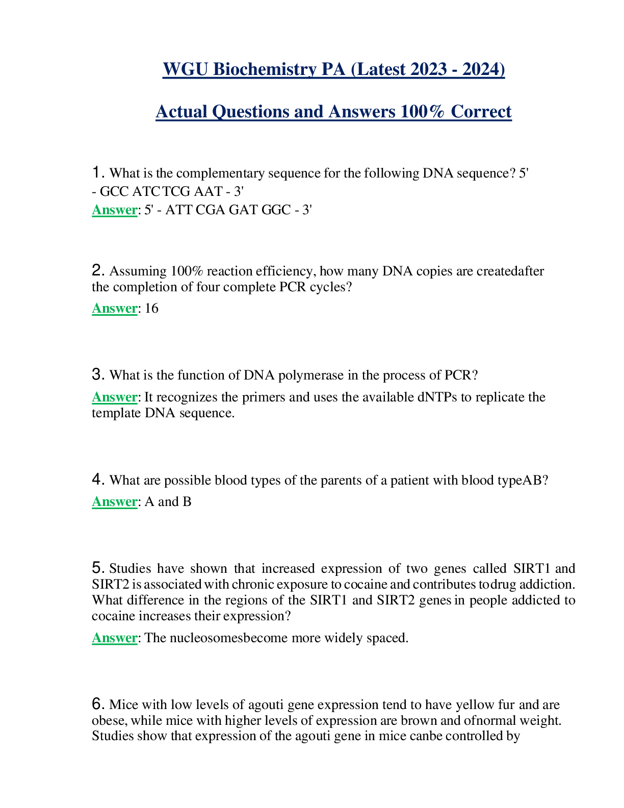 WGU Biochemistry PA (Latest 2023 - 2024) Actual Questions and Answers 100% Correct
