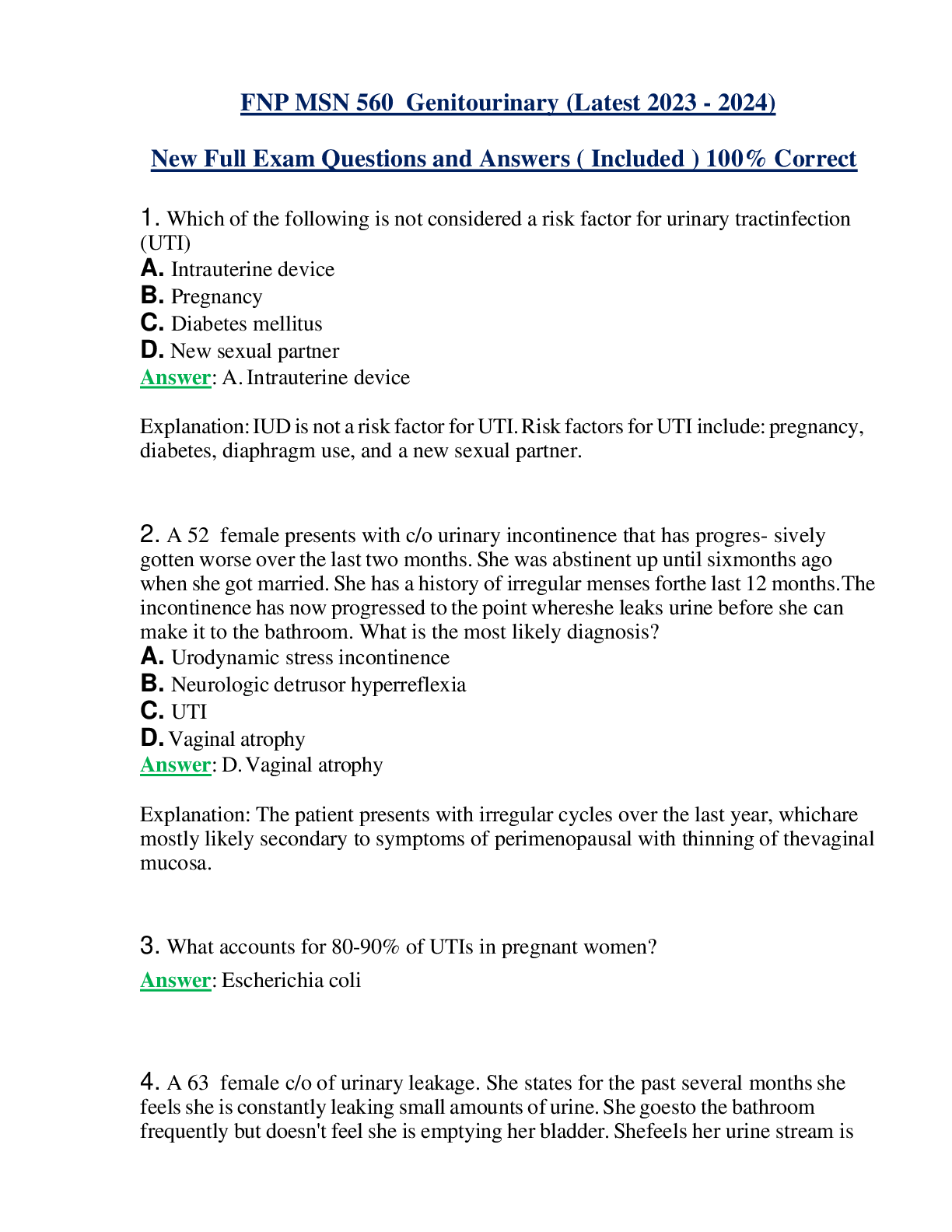 Recommended document preview for FNP MSN 560 Genitourinary (Latest 2023 - 2024) New Full Exam Questions and Answers ( Included ) 100% Correct