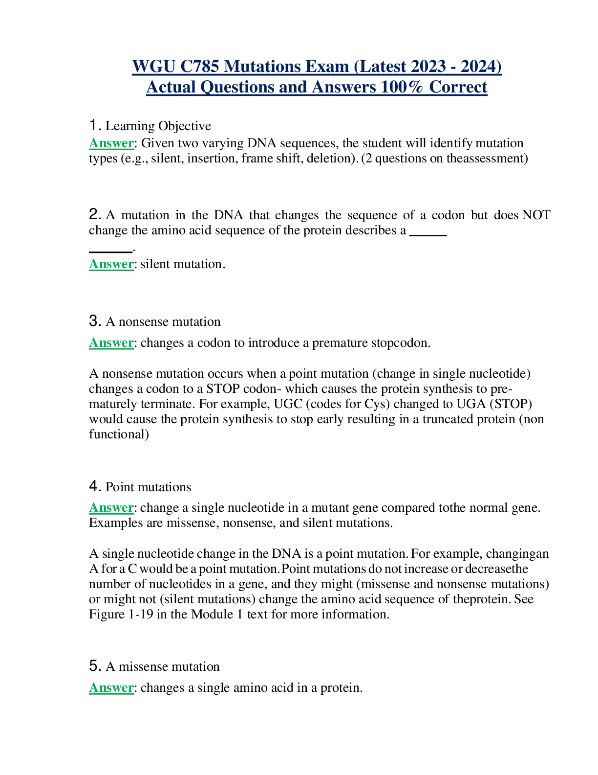 WGU C785 Mutations Exam (Latest 2023 - 2024) Actual Questions and Answers 100% Correct