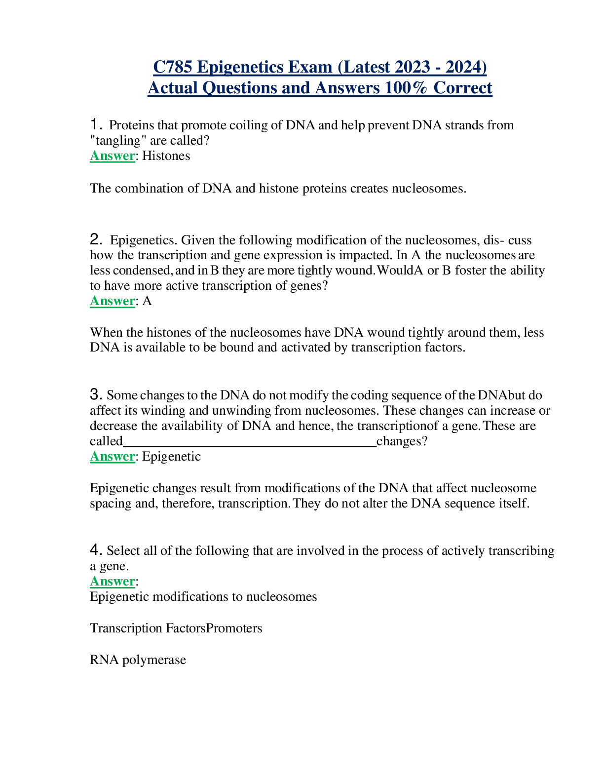 C785 Epigenetics Exam (Latest 2023 - 2024) Actual Questions and Answers 100% Correct