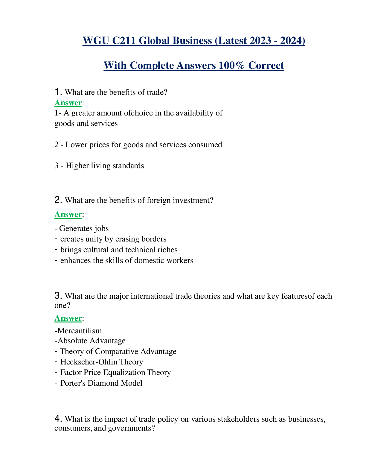 Preview of WGU C211 Global Business (Latest 2023 - 2024) With Complete Answers 100% Correct