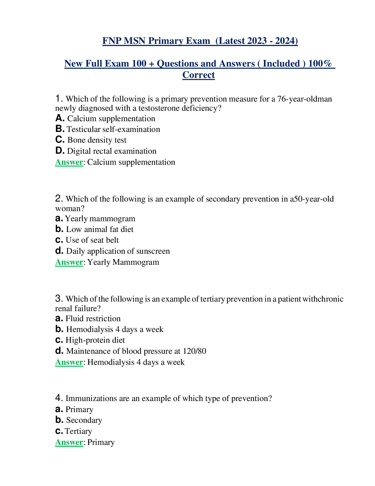 FNP MSN Primary Exam (Latest 2023 - 2024) New Full Exam 100 + Questions and Answers ( Included ) 100%  Correct