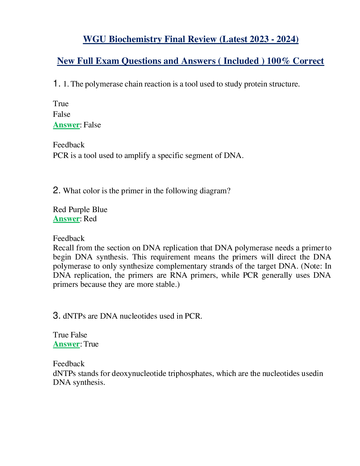 WGU Biochemistry Final Review (Latest 2023 - 2024) New Full Exam Questions and Answers ( Included ) 100% Correct