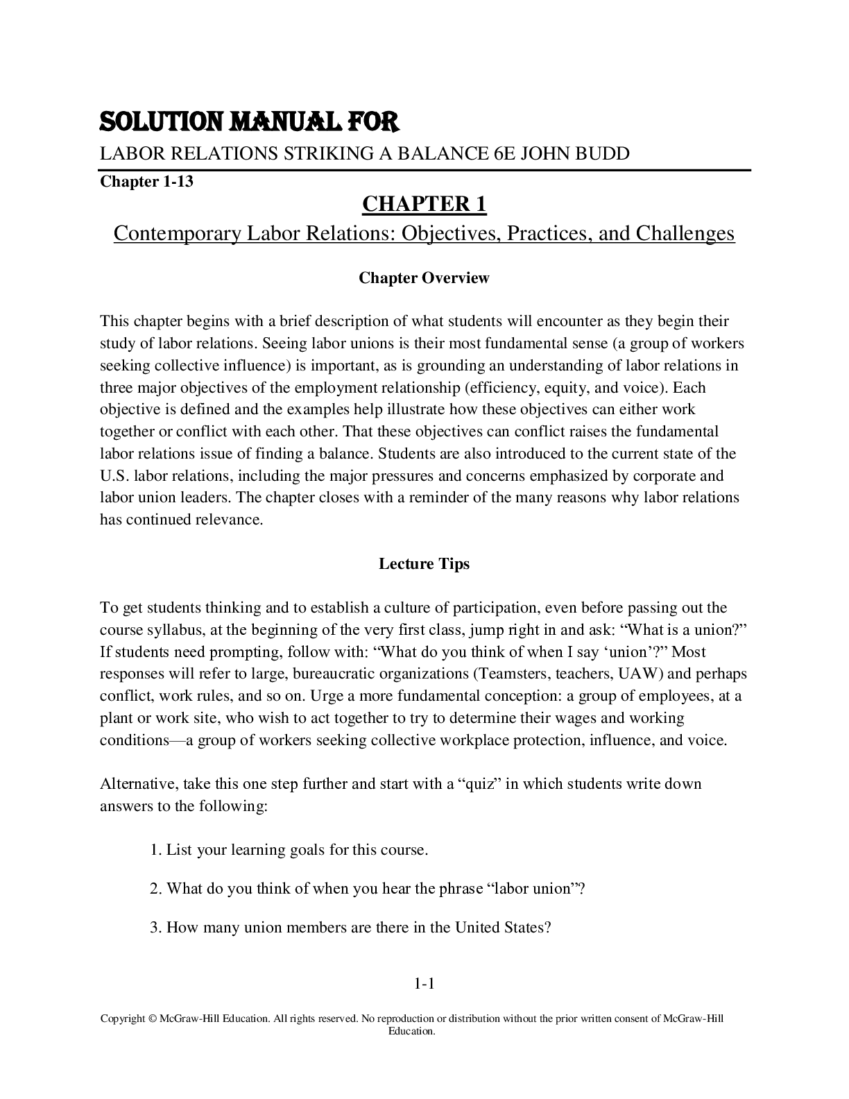 Preview image of Solution Manual For Labor Relations Striking a Balance 6th Edition by John Budd Chapter 1-13 document