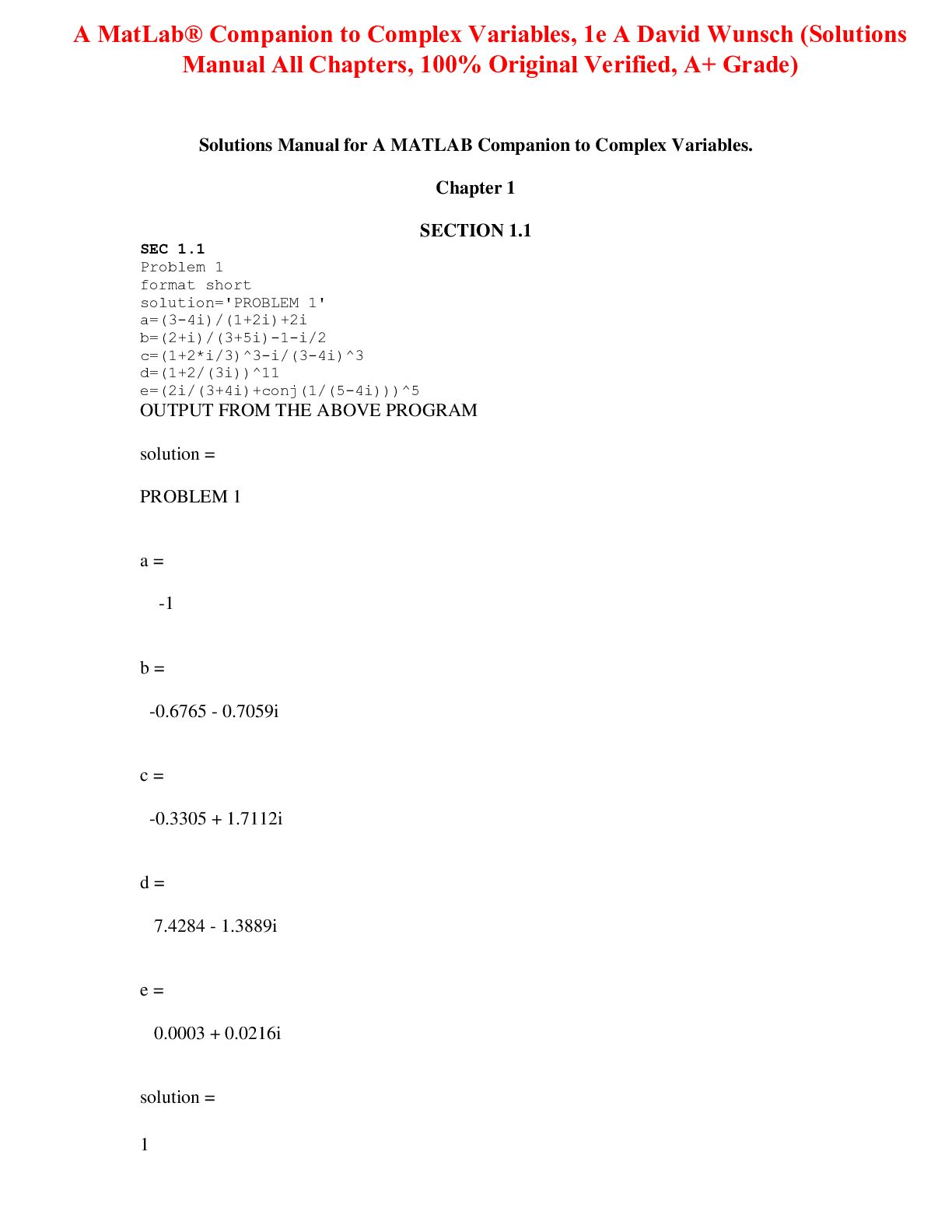 Preview image of Solutions Manual For A MatLab® Companion to Complex Variables 1st Edition By A David Wunsch document