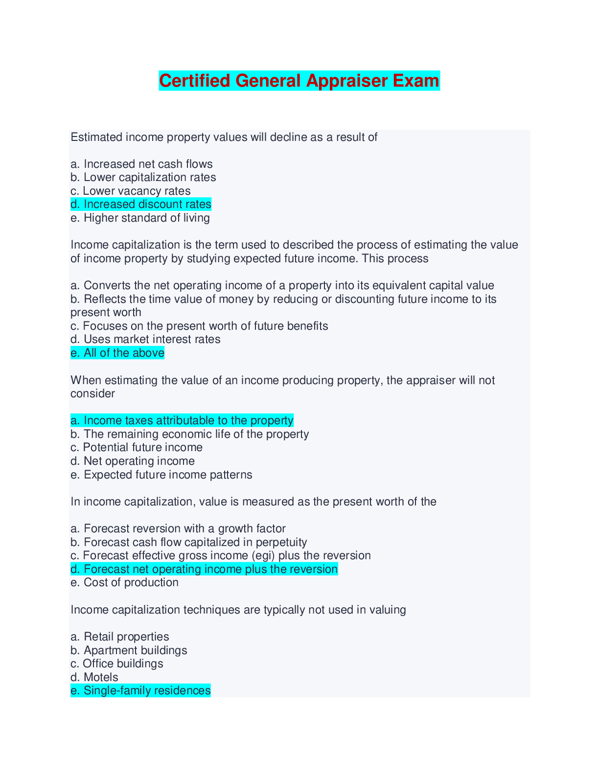 Preview of Certified General Appraiser Exam - Questions with Verified Answers