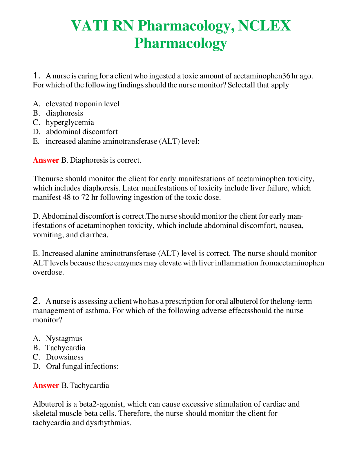 VATI RN Pharmacology, NCLEX Pharmacology   Questions With Complete Grade A+ Answers