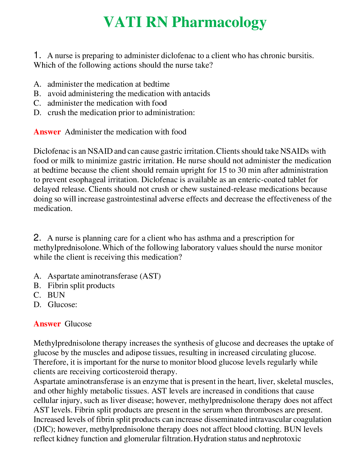 VATI RN Pharmacology   Questions With Complete Grade A+ Answers