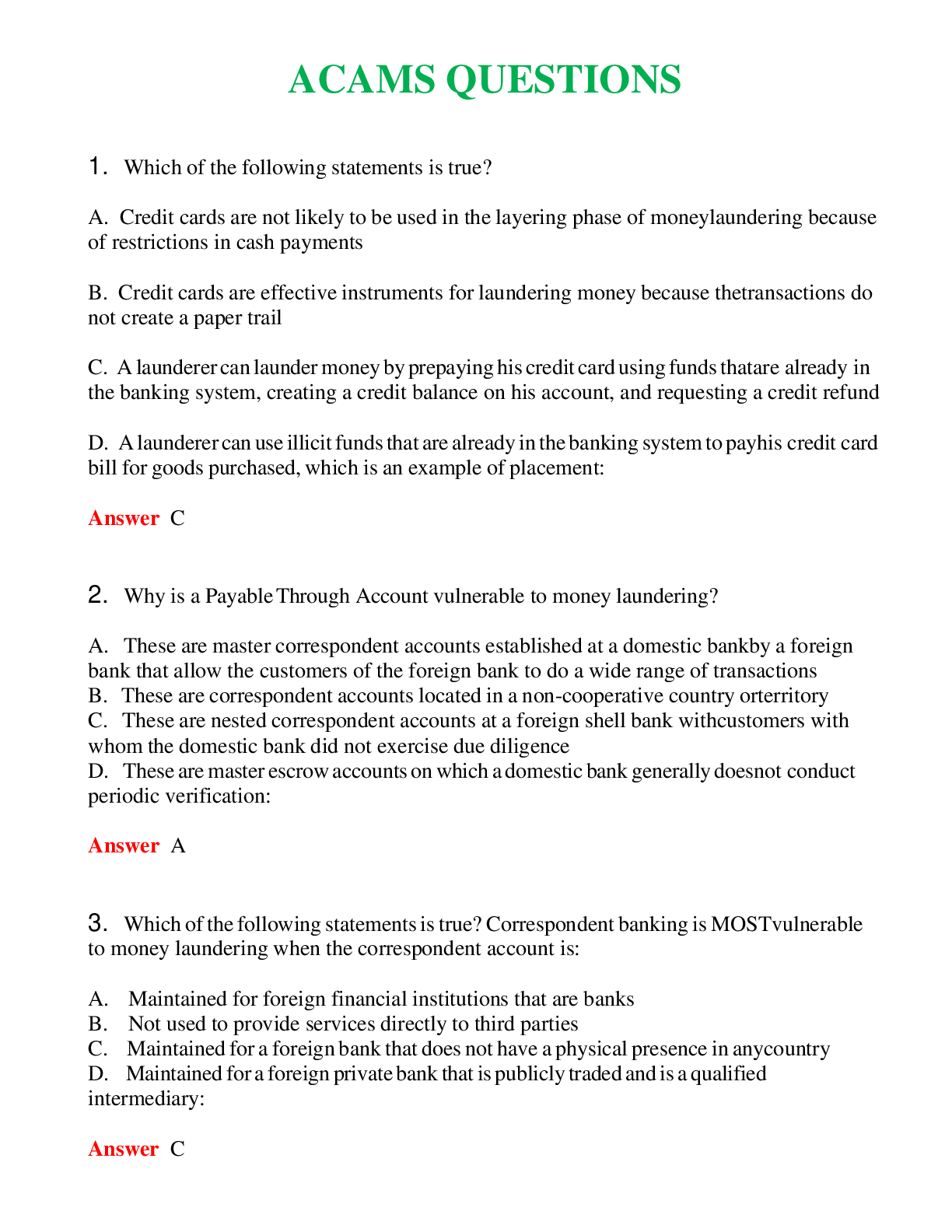 ACAMS QUESTIONS   Questions With Complete Grade A+ Answers