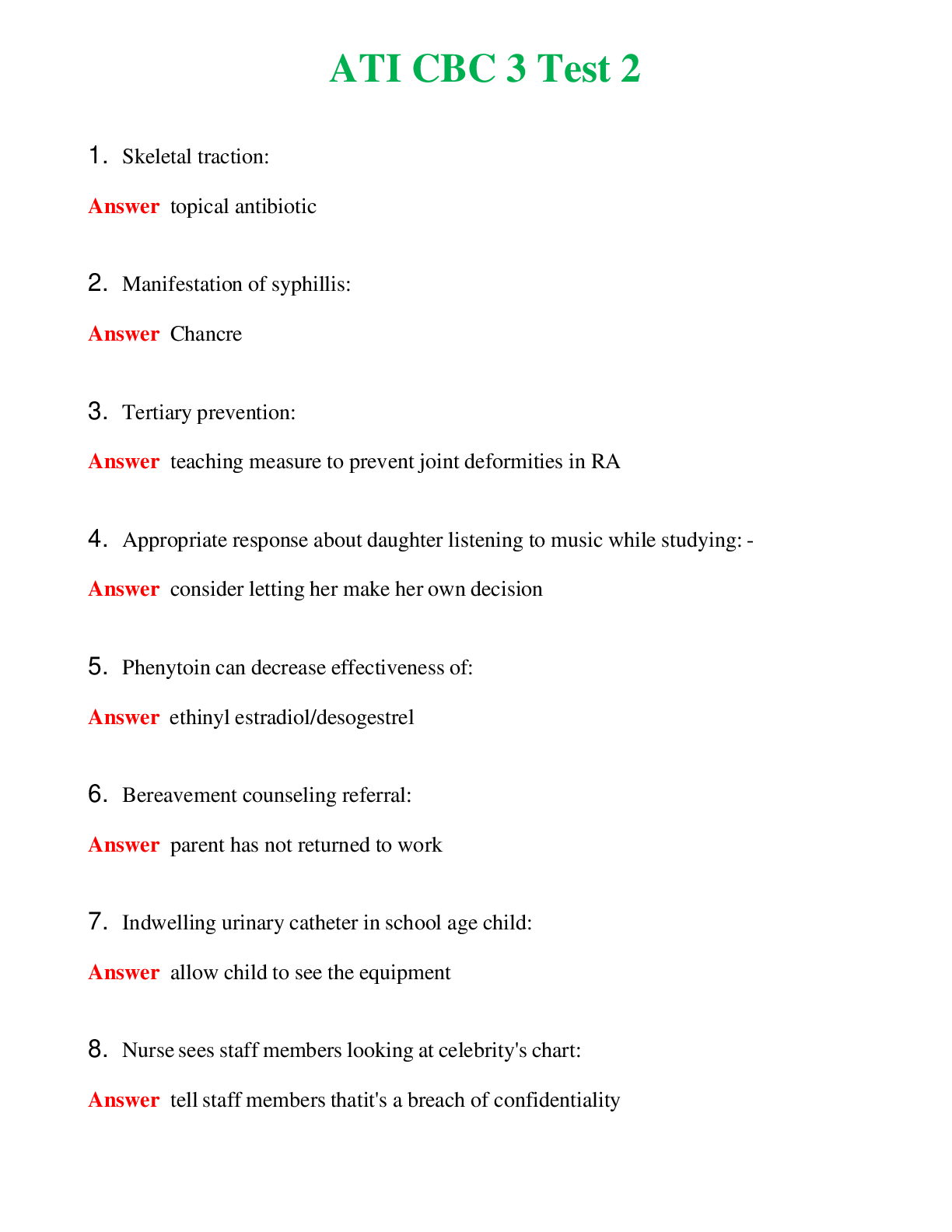 ATI CBC 3 Test 2   Questions With Complete Grade A+ Answers