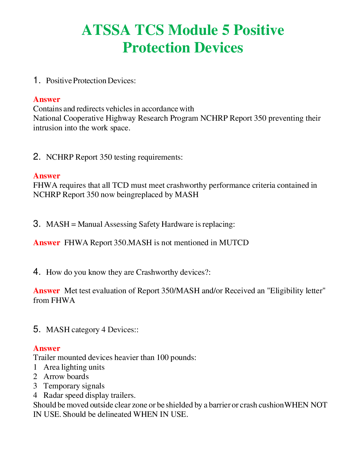   ATSSA TCS Module 5 Positive Protection Devices | Actual Questions and Verified Answers ( Included ) 100% Correct
