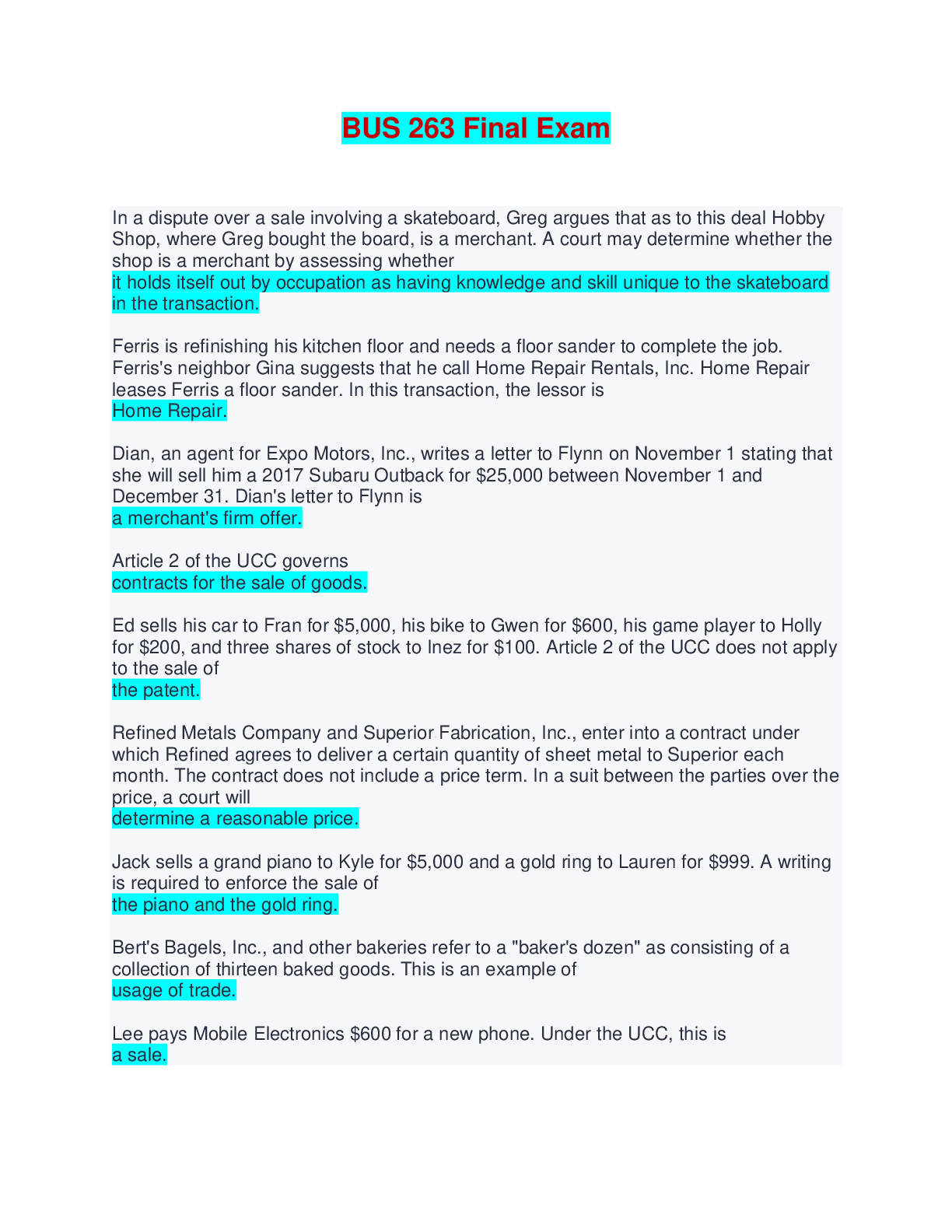 BUS 263 Final Exam | Questions and Answers