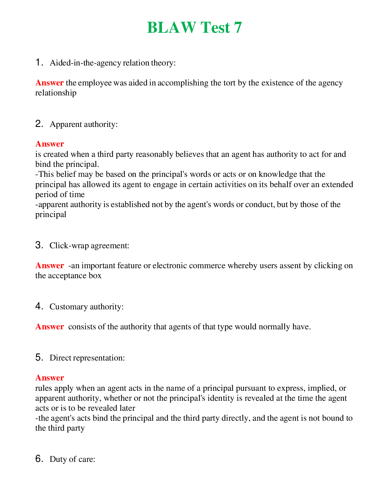   BLAW Test 7 | Actual Questions and Verified Answers ( Included ) 100% Correct