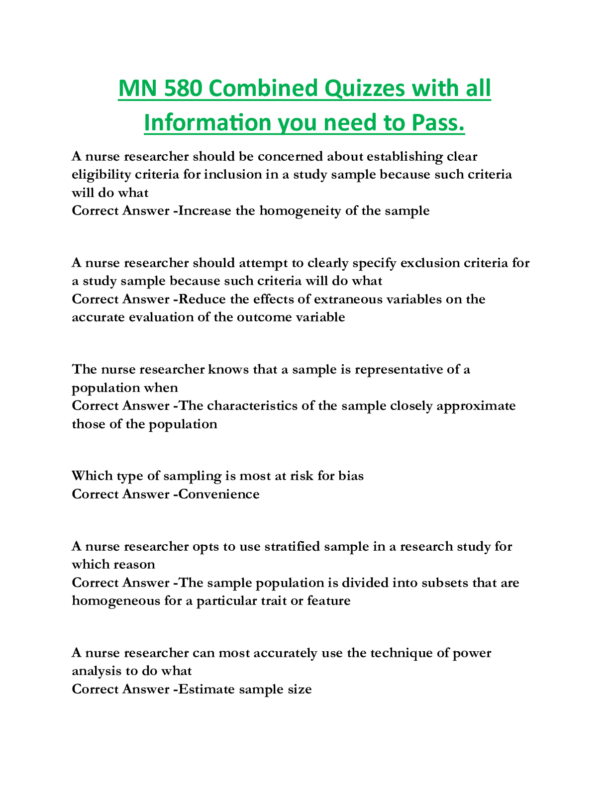 MN 580 Combined Quizzes with all Information you need to Pass.