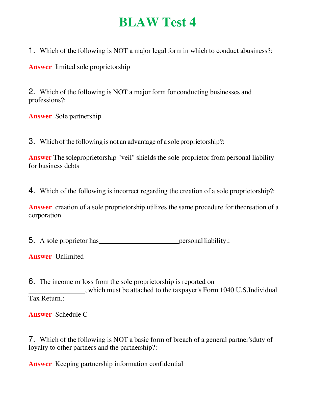   BLAW Test 4 | Actual Questions and Verified Answers ( Included ) 100% Correct