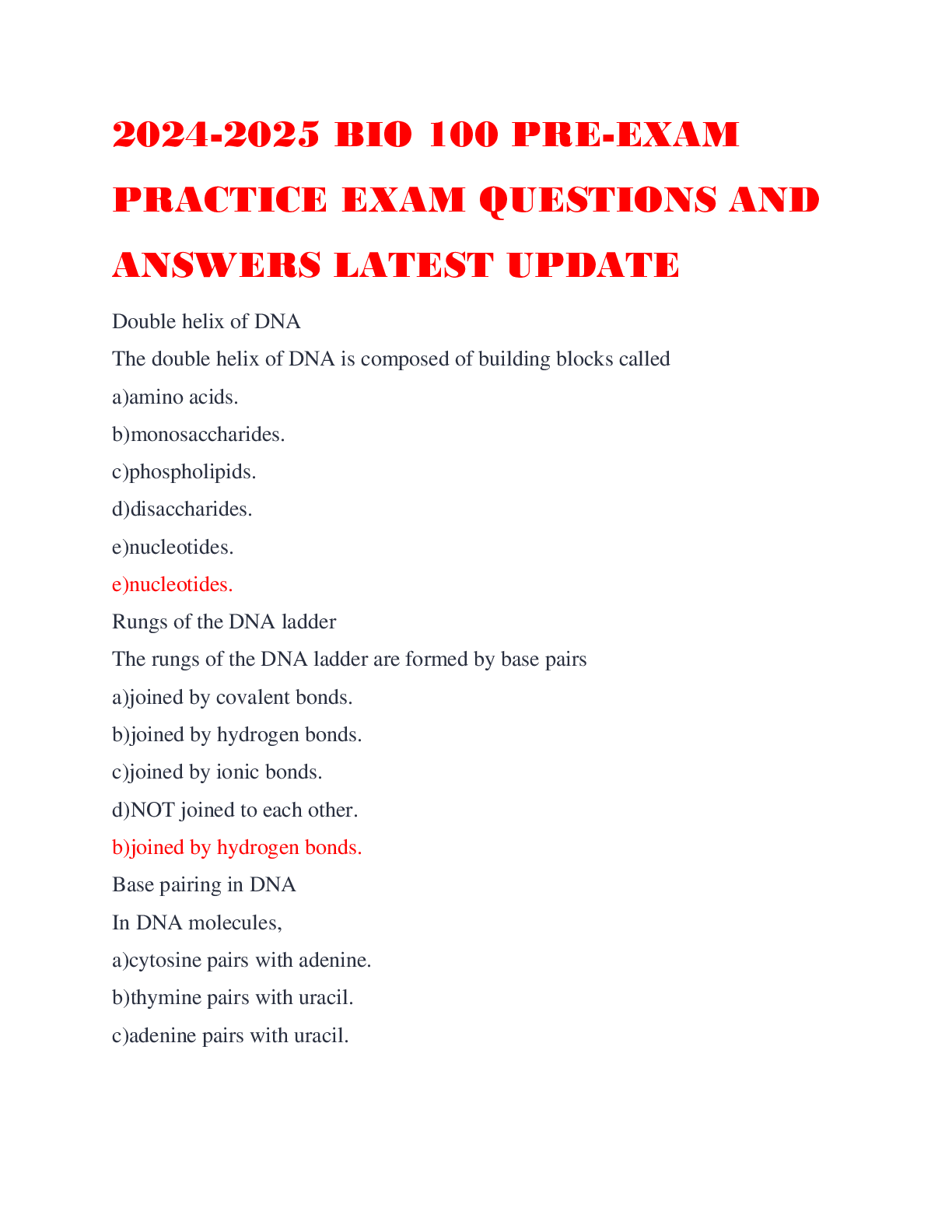 2024-2025 BIO 100 PRE-EXAM PRACTICE EXAM QUESTIONS AND ANSWERS LATEST ...