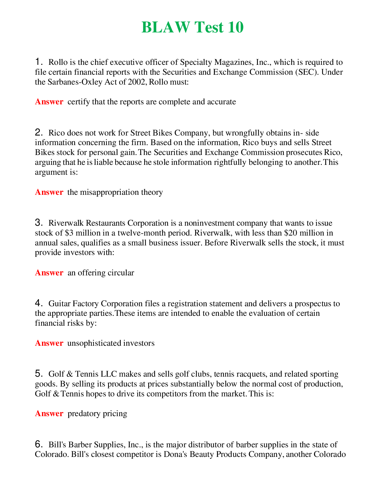   BLAW Test 10 | Actual Questions and Verified Answers ( Included ) 100% Correct