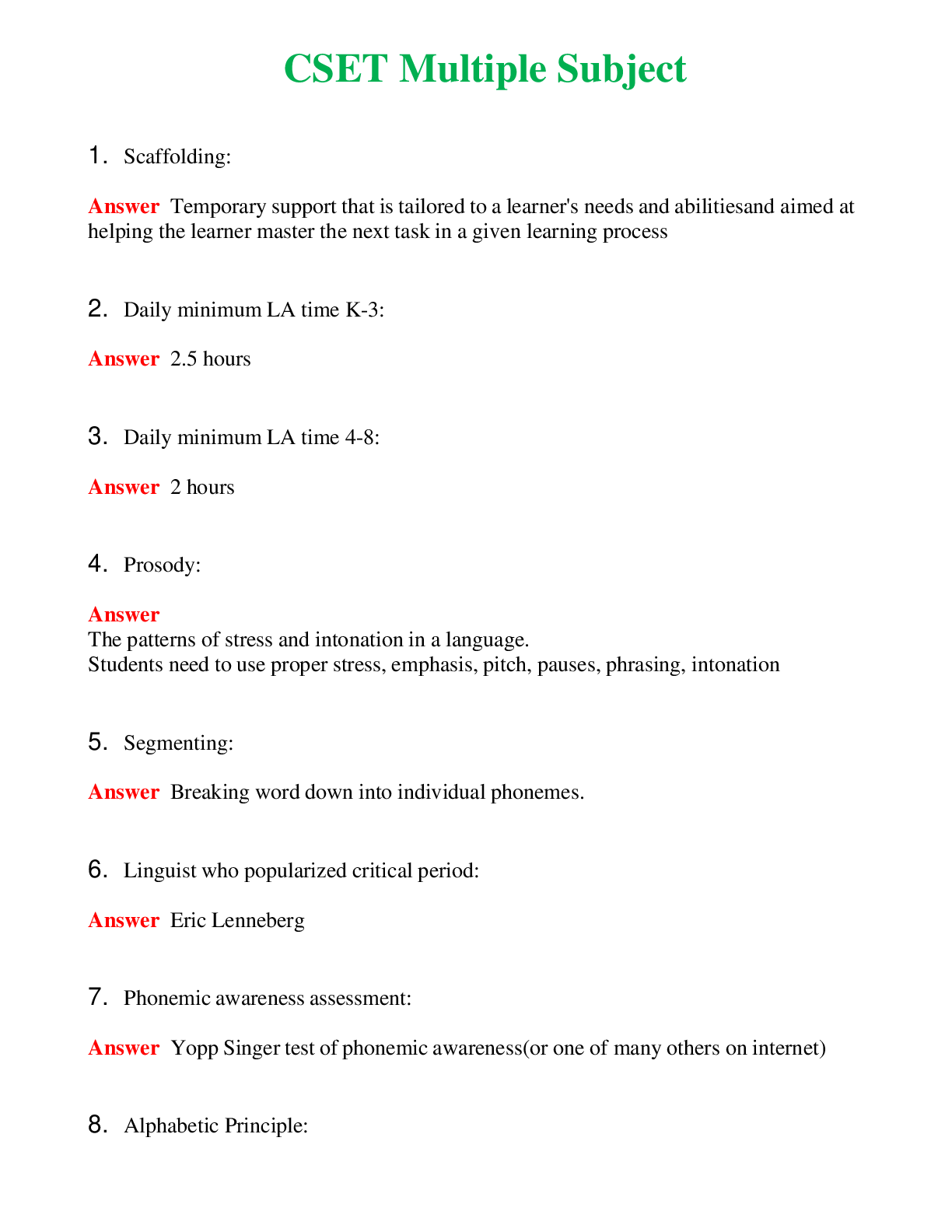 CSET Multiple Subject   Questions With Complete Grade A+ Answers