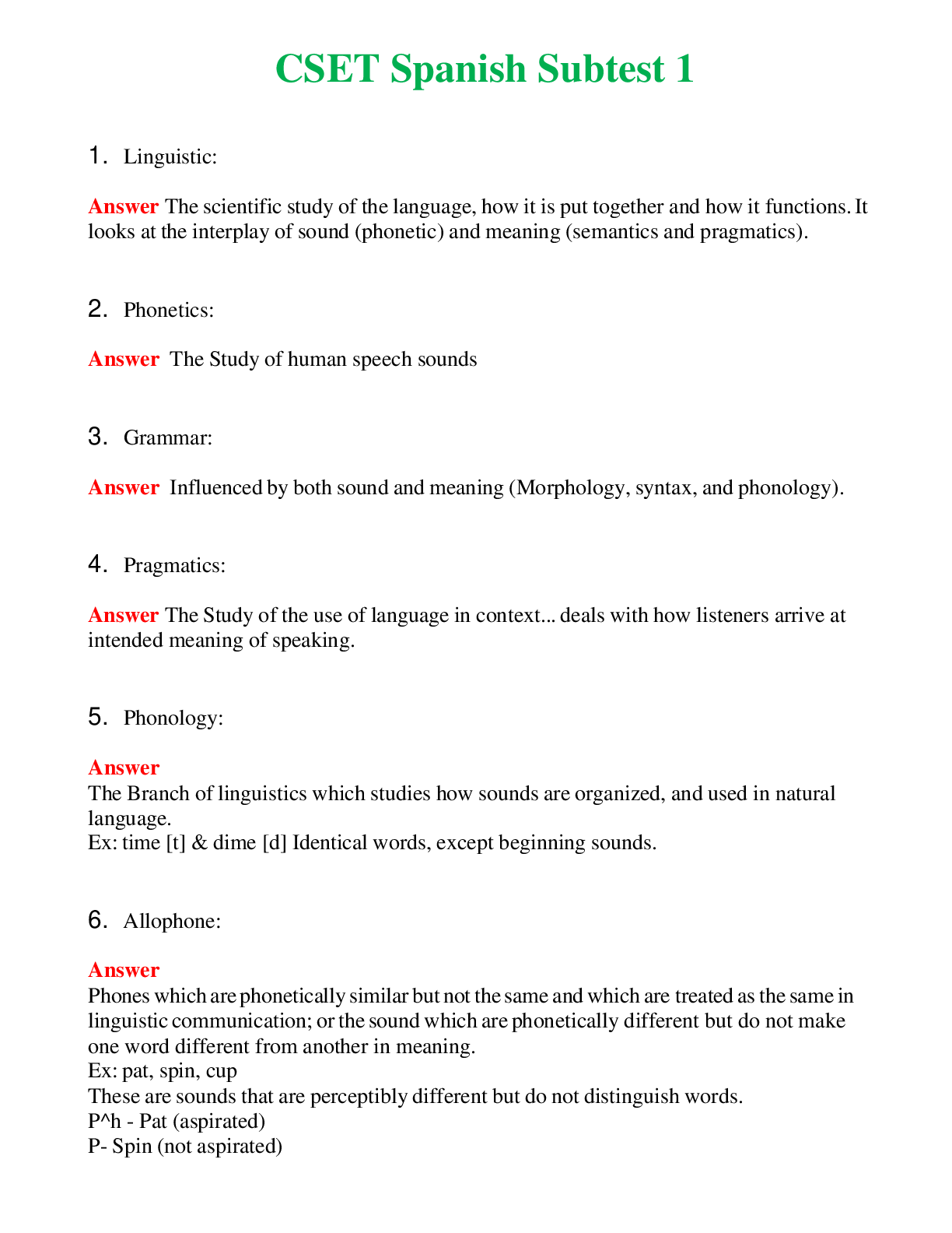 CSET Spanish Subtest 1   Questions With Complete Grade A+ Answers