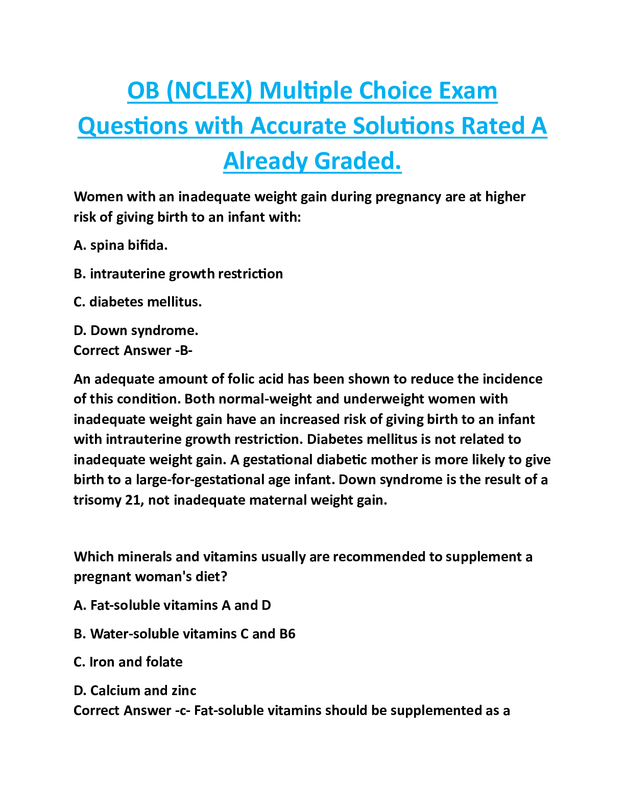 OB (NCLEX) Multiple Choice Exam  Questions with Accurate Solutions Rated A  Already Graded.