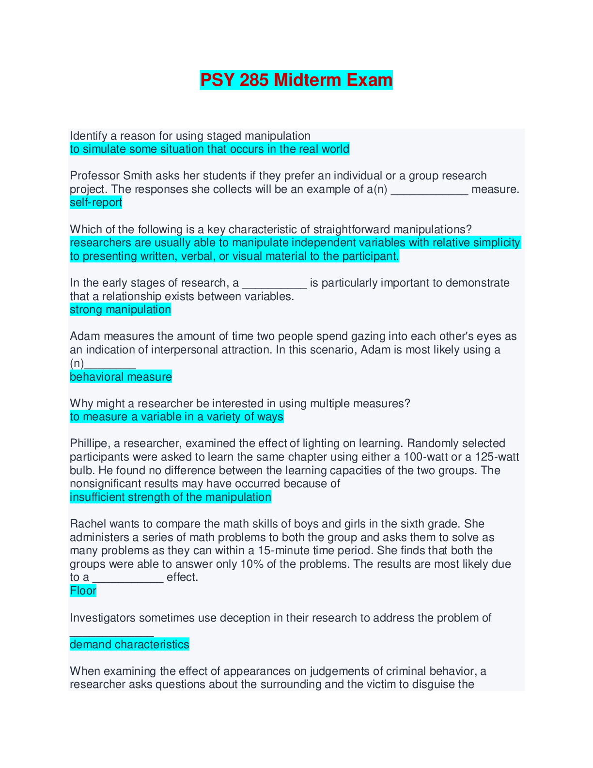 Preview of PSY 285 Midterm Exam | Questions and Answers